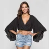 Kvinnor Vit Chiffon Sköt Toppar Blus Ruffles Flare Ärm V Neck Loose Beach Holiday Cover Ups Kort Blusas Flounce Bell 210527