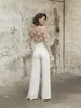 One pcs 2022 Jumpsuits Bridal Outfit Beach Wedding Dresses Ankle Length Lace Long Sleeves Brides Reception Gowns Sheath Boho Women Pants Suit