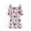 Vintage Encre Style Floral Imprimer Mini Robe Femmes Mode Col Carré Robes A-ligne avec Doublure Femme Chic Robes 210531