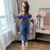 Flickor Kläder Rainbow Hoodies + Denim Jumpsuit Teenage Clothing Sequin Sets Casual Style Kid 6 8 10 12 14 210528