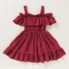 0-6y Kid Baby Girl Dress Clothing Solidna Off Ramska Pasek Wzburzyć Suknie Dorywczo Maluch Dresses Dla Dziewczyn Letnia Odzież Q0716