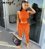 CM.YAYA Frauen Sets Solide Loch Durchsichtige Ärmellose Oansatz Crop Tops Mantel Elastische Lange Bleistift Hosen 2 Stück Set Sommer 2021 Y0625