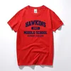 Yabancı şeyler Hawkins Lise Kısa Kollu T Shirt Tee Tişörtleri 100% Pamuk Jersey Joggers 210706