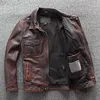 Mäns Jackor Amekaji Äkta kappa Mens Vintage Jacket Högkvalitativ Cowhide Red Brown Natural Real Leather S-4XL