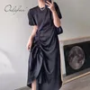 Zomer Vrouwen Satijn Party Korte Mouw Zwarte Streetwear Fashion Silk Draped Jurk 210415