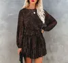 Leopar Baskı Siyah Uzun Kollu Elbise Kadın O Boyun Kış Temel A-Line Vintage Şifon Kısa Vestidos 210427