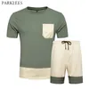 Patchwork Mannen Zomer T-shirt 2 Stuk Set Tops + Shorts Casual Mens Sportkleding O Neck With Pocket Men Losse Trainingspak Sweatsuit 210524