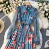 SINGREINY Mujer Boho Floral Vestido plisado Diseño Encaje Manga larga Volantes A-line Vestido Otoño Retro Estampado Corte Viento Midi Vestido 210419