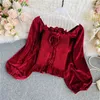 Velours Vrouwen Blouses Solid Lace Up Bow Sweet Autumn Short Shirts Elegant Koreaanse Puff Sleeve Blusas Stretch 18680 210415