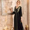 Summer Women's Arabian Style V-neck Gold Embroidery Pair Flower Long Loose Sleeve Dress Worship Ramadan Casual Dresses