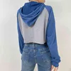 Dorywczo list Drukuj Patchwork Z Długim Rękawem Z Kapturem Dla Dziewczyn Harajuku Grube Pullover Kobiet Bluza Jesień Crop Y2K Topy 210415