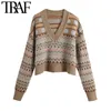 Women Fashion Ribbed Trims Jacquard Cropped Knitted Sweater Vintage V Neck Long Sleeve Female Pullovers Chic Tops 210507