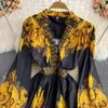 Autumn Yellow Printed Mini Dress Women Sexy V-Neck Single Breasted Puff Long Sleeve High Waist A-Line Luxury Party Vestidos 2022