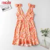 Tangada été femmes Orange fleurs imprimer Style français robe nœud sangle ajuster dames robe d'été JA60 210609