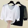 M-4XL Plus Size MeSH Patchwork Kintting T-shirt Fino Verão Manga Curta V Pescoço Butto Casual Sweater Superstigado Pullover 210604