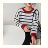 Suéter das Mulheres Qingwen Striped Sweater Mulheres Casual Pullover solto O-pescoço All-Match Top Jumper Jumper Queda de Manga Longa Malha Pull Femme