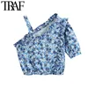 Traf Mulheres Moda Floral Impressão Ruffled Cropped Blusas Vintage Assimétrica Pescoço De Manga Curta Feminina Camisas Chique Tops 210415