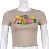 Kawaii Grzyb Drukuj Y2K Femme Damskie Koszulki Odzież Letnia Crop Top Harajuku Krótki Rękaw Khaki Tee Shirt Streetwear 210415