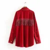 Red Denim Coat Vintage Bright Diamond Fringed Irregular Fray Women's Jacket Lapel Long Sleeve Harajuku Chic Loose Female Tops 210507