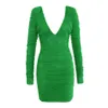 Summer Green Mesh Pleated Sexy Tight Dress Fashion Long Sleeve V-Neck Mini Pure Color Club Party 210527