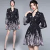 Sommar Elegant Single-Breasted Butterfly Printing Kvinnor Slim Lantern Sleeve V Neck Work Casual Party Dresses Female Vestido 210514