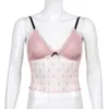 Blommig tryckt söt Y2K Crop Top Pink Camis Lace Patched Bow Cute Tank Top Spaghetti Strape V Neck Party New Trend Vest 210415