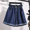 Summer High Waist Denim Shorts Women Casual Loose Ladies Fashion Roll Up Hem Elastic Jeans Female plus size S-5XL 210719