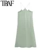 Traf Women Chique mode met knopen Soft Touch Midi Camisole Dress Vintage V Nek Dunne riemen vrouwelijke jurken Vestidos 210415