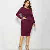 Plus Size Solidna Długim Rękawem Dress Dress O Neck Causal Side Button Decor Jesień Zimowe Hips Oversize Black ES 210507