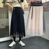 Sommar Koreansk stil Solid Kjolar Kvinnor A-Line Big Hem Fashion Pleated Kvinna Mesh Elegant Office Ladies Tulle Skirt 210520