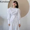Korobov koreanska chic oregelbunden pleat design klänning kvinnor hög varit höft vit en linje vestido vår mode ropa 210430