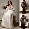 Spitze Frauen Kleid Sexy V-ausschnitt Satin Robe Verband Nachtwäsche Nachthemd Seide Babydoll Glatte Schlaf Kleider Maxi Casual