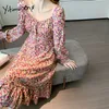 Yitimuceng Ruffles Floral Pint Vintage Mini Klänningar Kvinnor Puff Sleeve A-Line Square Collar Spring French Fashion Dress 210601