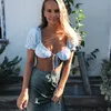 Foridol Femmes Blanc Crop Top Puff Sleeve Lace Up Chic Blouse Tops Sexy Solid Party Backless Black Blouse Blouse Chemises 210415