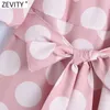 Women Elegant Lantern Sleeve Polka Dots Print Bow Sashes Pink Midi Dress Femme Chic Sweet Split Party Vestido DS5048 210420