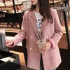 Pink Gray Plaid Notch Collar Long Sleeve Double-breasted Pocket Loose Suit Slim Fit Casual Chic Blazer C0147 210514