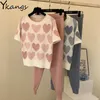 Kvinnor Vår Rosa Knitted 2 Piece Set Tracksuit Kortärmad Beading Sweater + Harem Byxor Mode Koreanska Casual Sweets Suits 210421