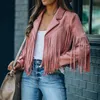 Damesjassen Fringe Jacket Lange mouw Faux Suede Persoonlijkheid Open Front Tassel Jas Moto Biker Tops Vrouw Roze