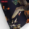 Женские птицы цветы печати V шеи с длинным рукавом дамы винтажные мини-платья Vestidos 3A132 210416