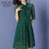 Vestido de mujer a la moda elegante largo verde de talla grande lazo encaje sólido primavera media rodilla-longitud Empire es 2913 50 210510