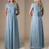 Dwa kawałki Skromne Różowe Druhna Suknie Z Krótkim Rękawami Dusty Blue Lace Top Formalne Suknie Wieczorowe Boho Wedding Party Dress