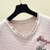 Embroidery T-Shirt Cotton Striped V Neck T Shirt Women Ladies Tshirt Summer Top Female Short Sleeve Casual Tee Shirt Femme 210604