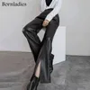 Bornladies Elegant Casual Slim Leather Solid Split Byxor Kvinnlig Hög Midja Mode Temperament Paddla För Kvinnor Höststil 211124