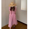 Pink Summer Dress Women Floral Print Slit Boho Long Puff Sleeve Ruffle Sundress 210529