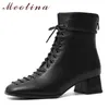 Äkta läder Mid Heel Ankel Boots Kvinnor Skor Square Toe Block Heels Zipper Lace Up Lady Short Höst Black 40 210517