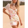 White Lace Spliced Summer Dress Women Puff Sleeve Polka Dot Slit Boho Floral Print Vintage Short Beach 210427