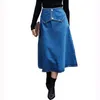 Moda szwy perłowy przycisk DENIM Długi spódnica damska Jesień i zima Denim Spódnica Kobiet Mid-Calf Vintage Spódnice 210508