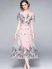夏のファッション滑走路ミディドレスの半袖メッシュ花刺繍レースvestidos 210531