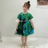 2022 Designer Kids Dresses Ins Fashion Flower Printed Children Bowknot Short Sleeve Dresses Summer Baby Girls Parted Party Clotheding S2015