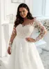 Illusion Neck Lace Appliqued Wedding Sukienka Z Długim Rękawem Sweep Train Robe de Mariee 2021 Bride Dresses Back Buttons Garden Garden Suknie Ślubne Plus Size Custom Made